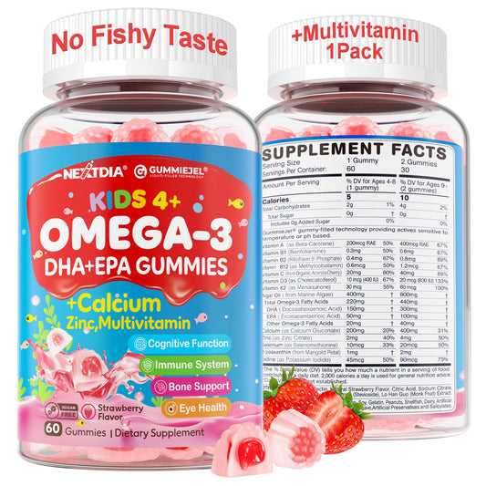 Nextdia Omega3 Kids Gummies bottle supports focus with a brain-friendly formula