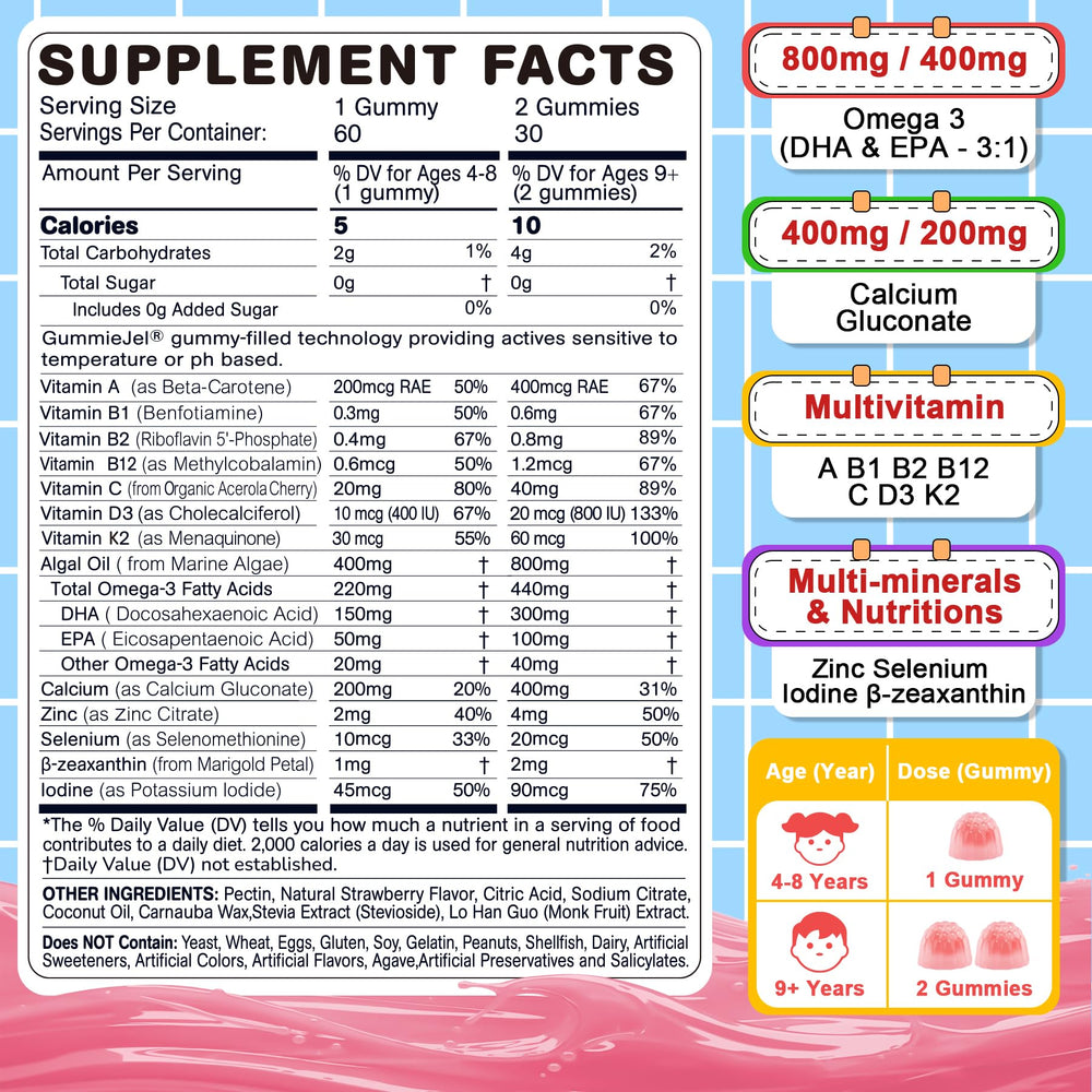 Nextdia Omega 3 Kids gummies closeup highlighting strawberry flavor and sugar-free filling.