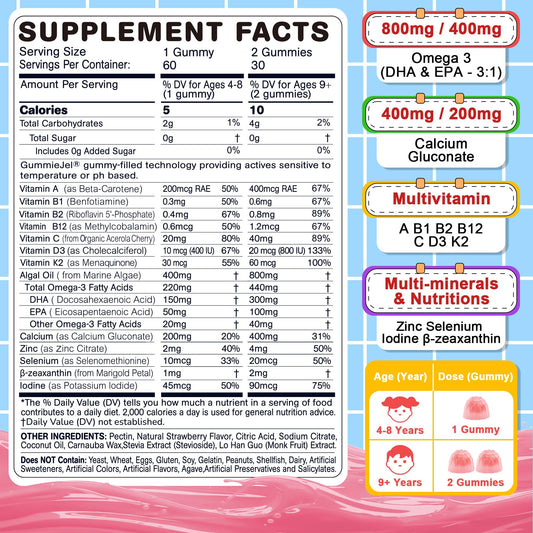 Nextdia Omega 3 Kids gummies closeup highlighting strawberry flavor and sugar-free filling.