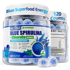 Nextdia Organic Blue Spirulina Gummies bottle with sugar-free energy boost.