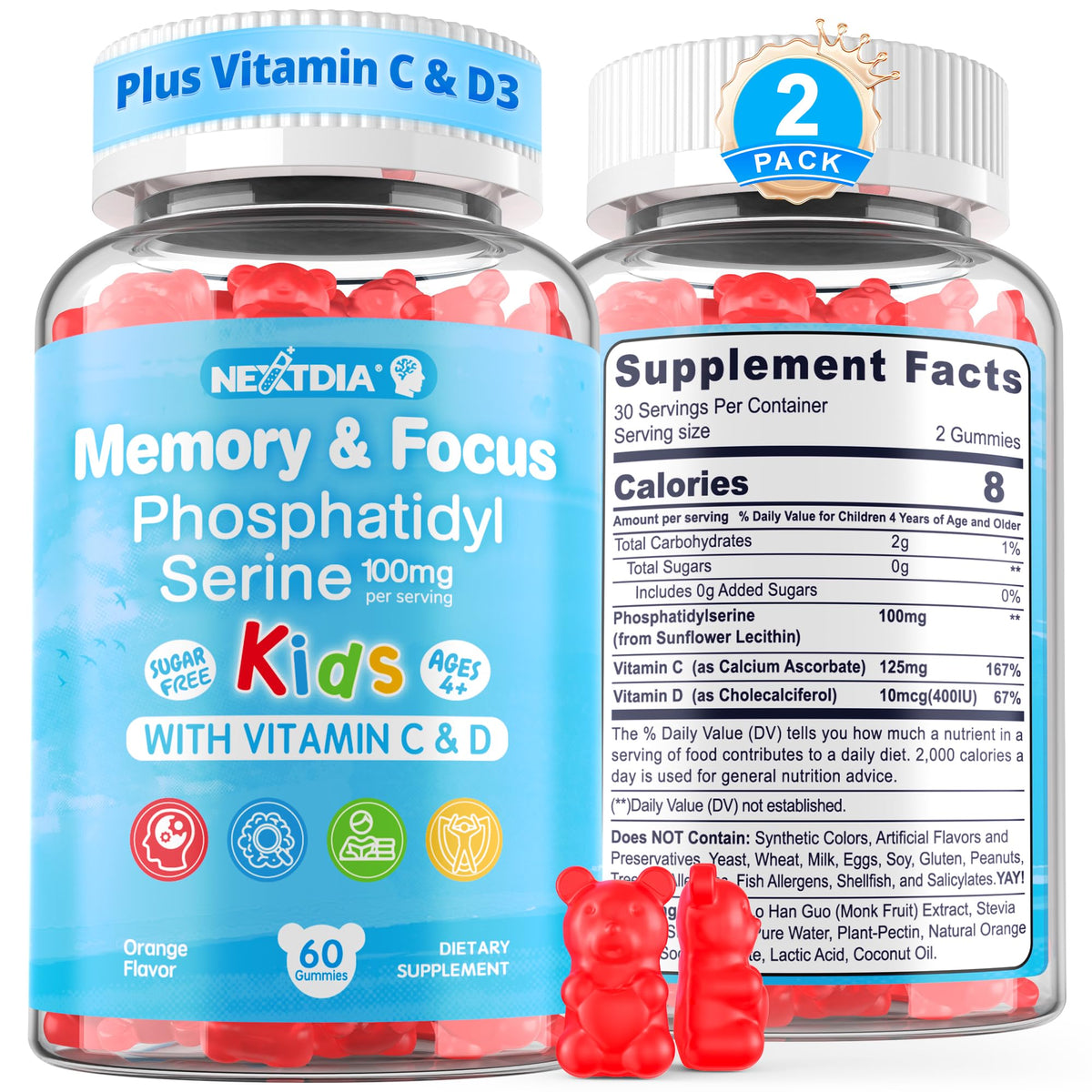 Nextdia phosphatidylserine focus gummies bottle for kids' attention