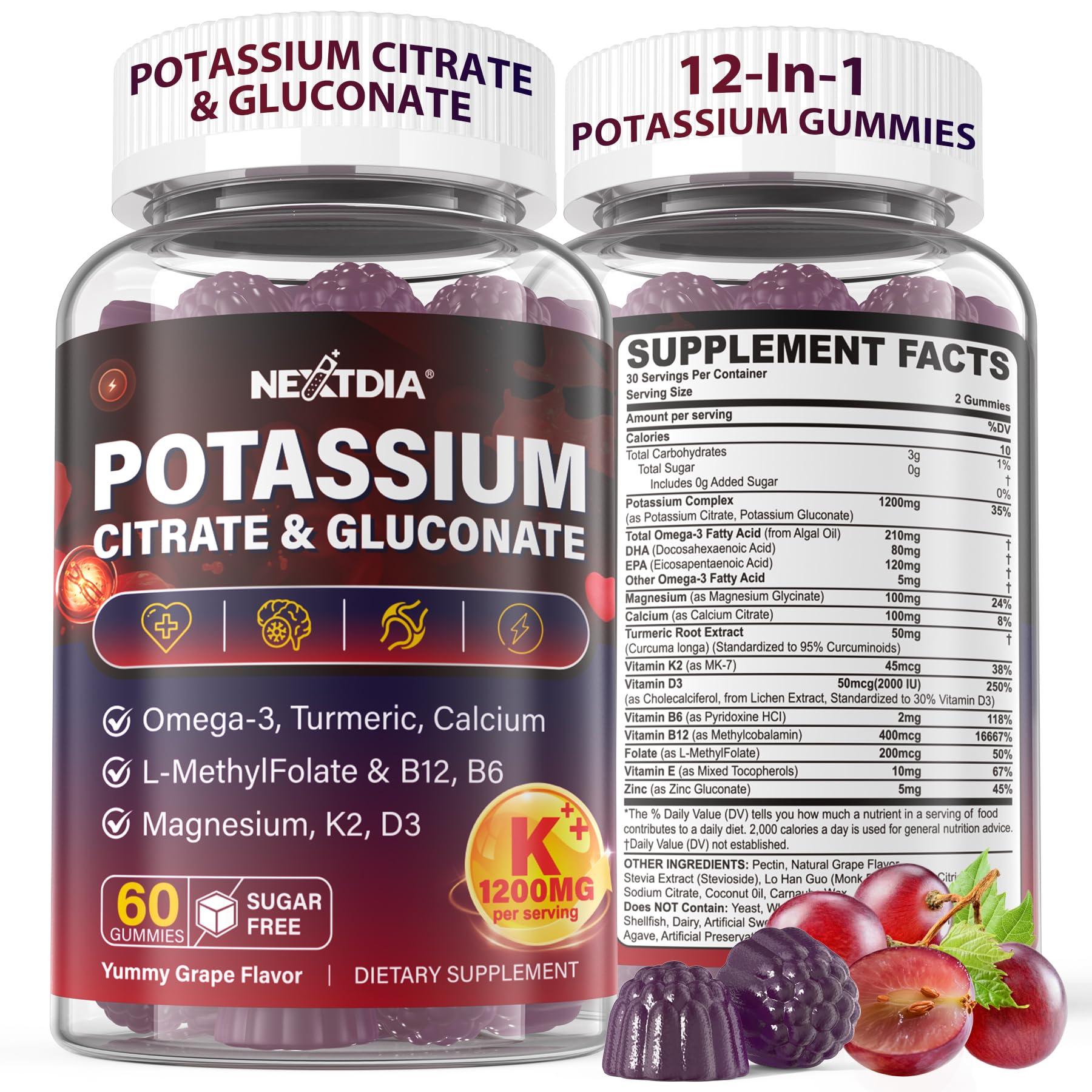 Nextdia potassium gummies bottle showing dual-source formula for heart support.