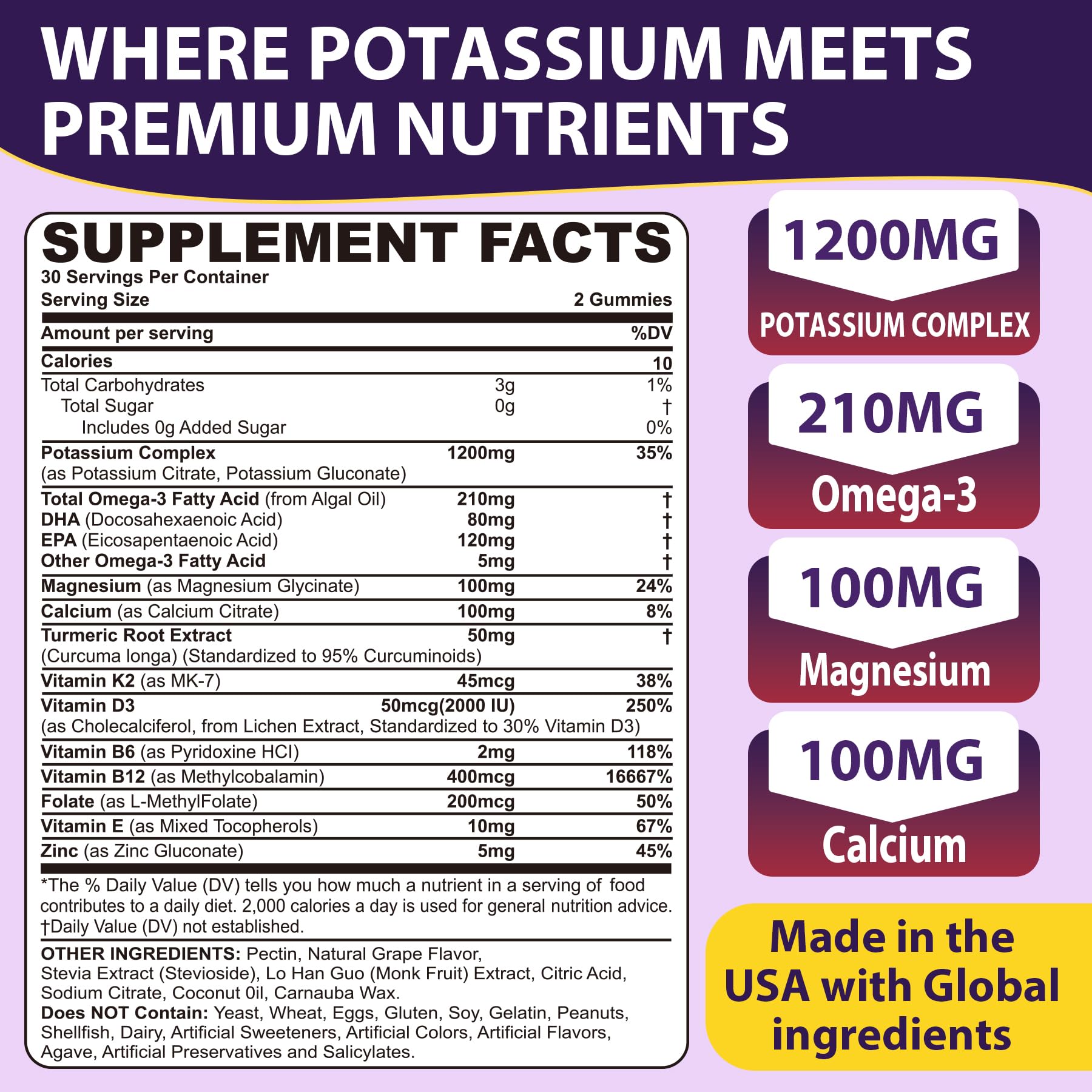 Nextdia potassium gummies label highlighting D3, K2 and B vitamins for bone energy.