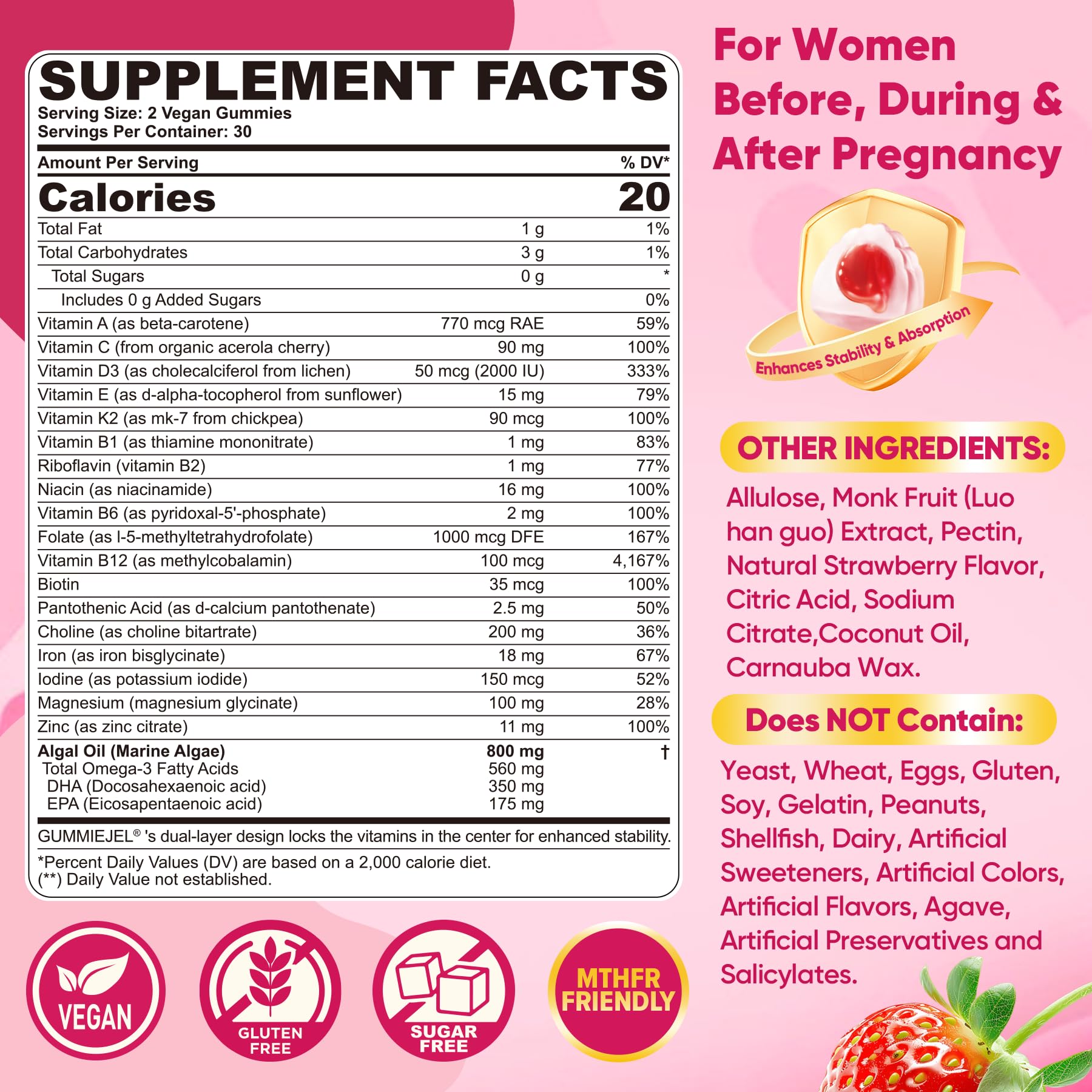 Nextdia Prenatal Gummies bottle back label detailing the 20-in-1 formula benefits.