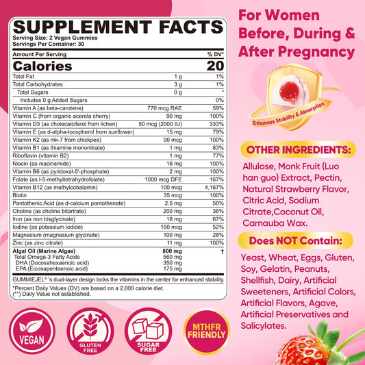 Nextdia Prenatal Gummies bottle back label detailing the 20-in-1 formula benefits.