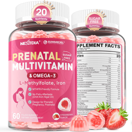 Nextdia Prenatal Gummies bottle front showing complete nutrient blend for mom and baby.