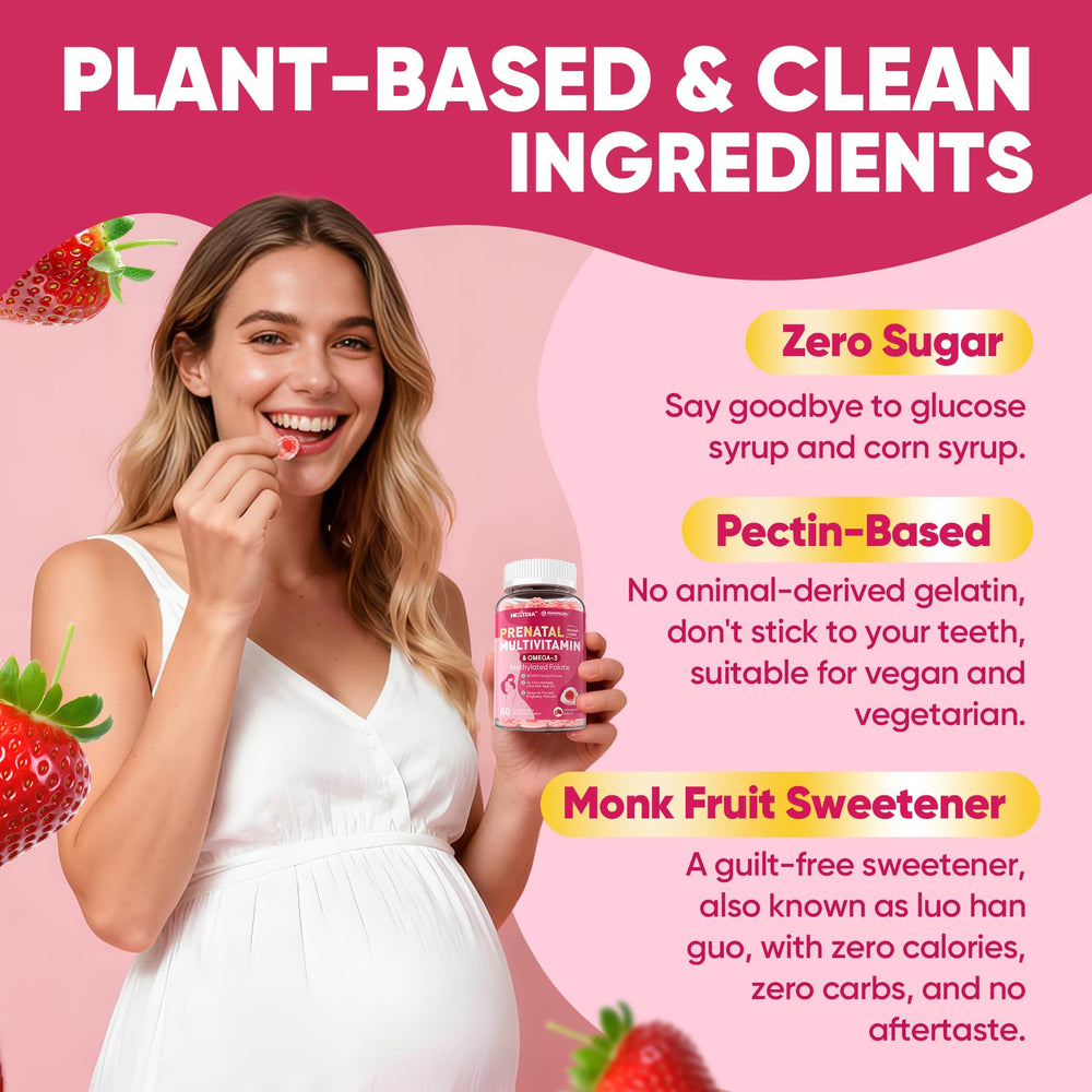 Nextdia Prenatal Gummies vegan symbol signaling plant-based nutrition with methylated vitamins.