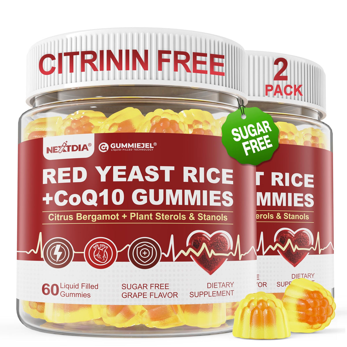 Nextdia Red Yeast Rice Gummies bottle, sugar-free formula for daily energy and wellness.