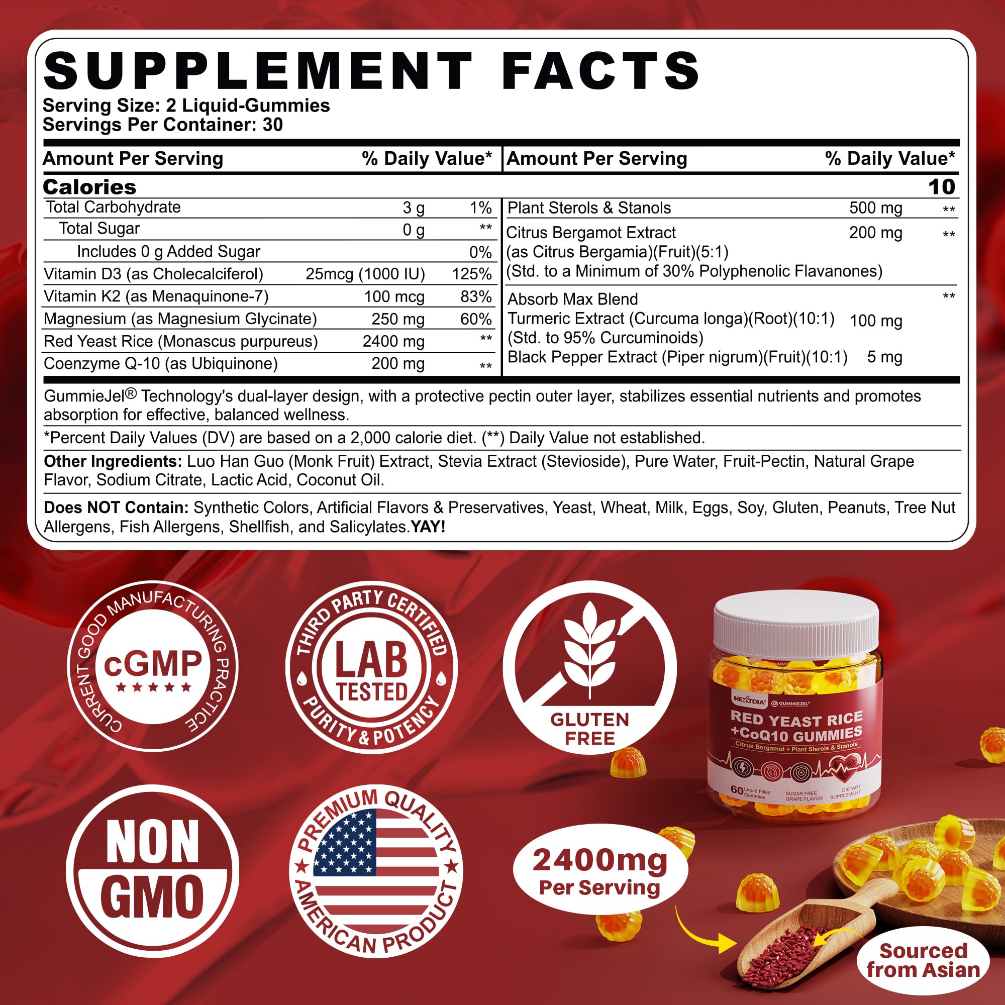 Nextdia red yeast rice gummies close-up, vibrant grape flavor with liquid core delivery.