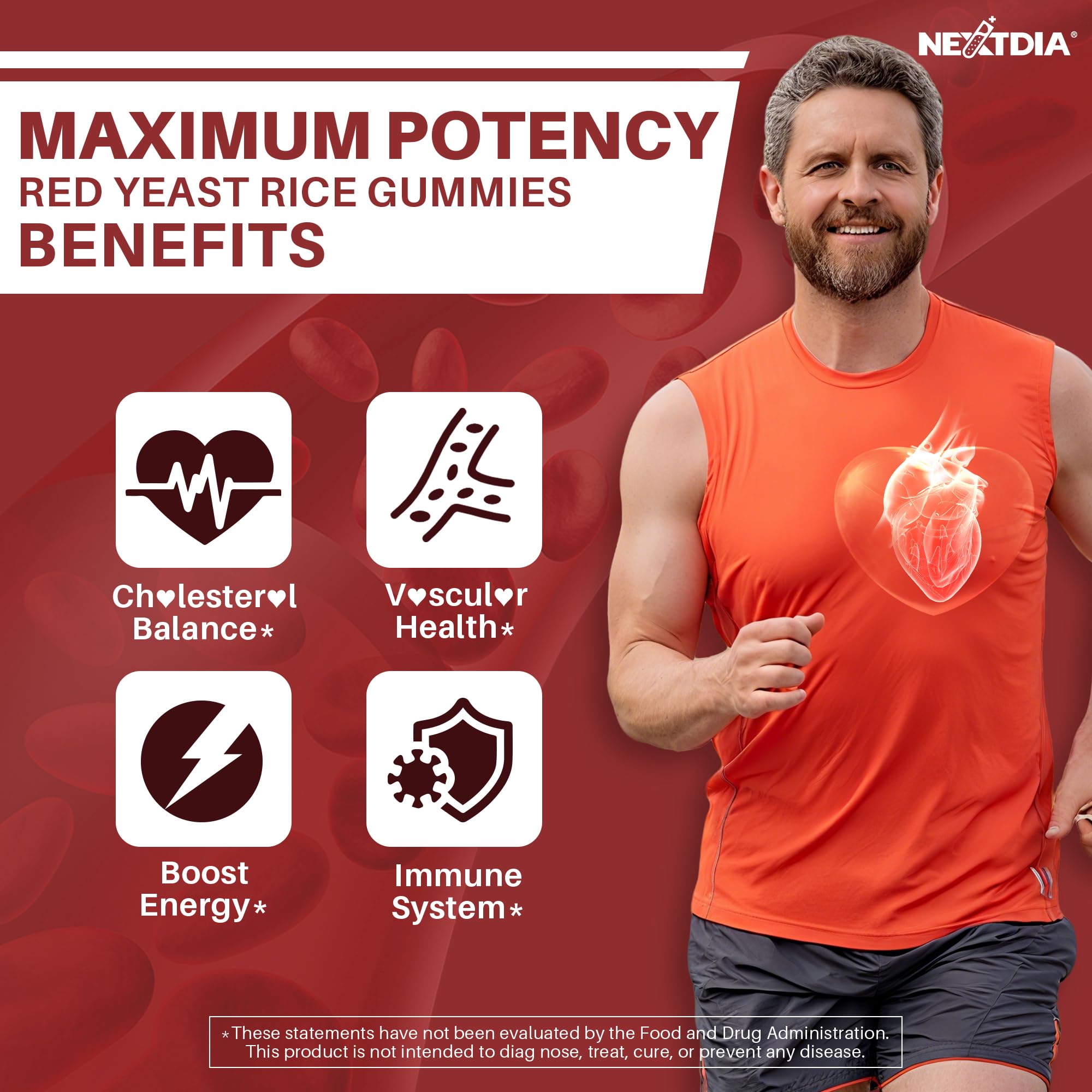 Nextdia Red Yeast Rice Gummies with CoQ10, highlighting energy metabolism support.