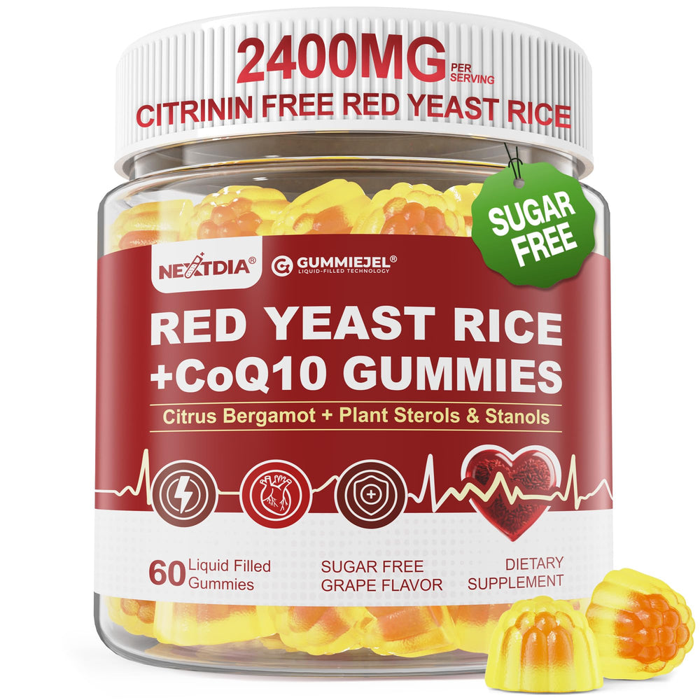 Nextdia Red Yeast Rice Gummies jar for vegan, sugar-free heart health support.
