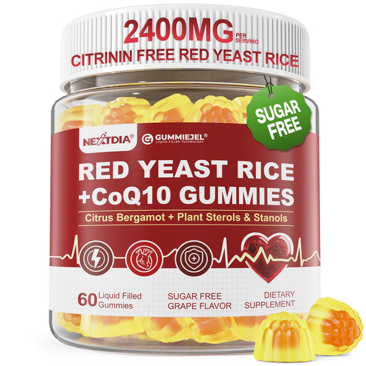 Nextdia Red Yeast Rice Gummies jar for vegan, sugar-free heart health support.