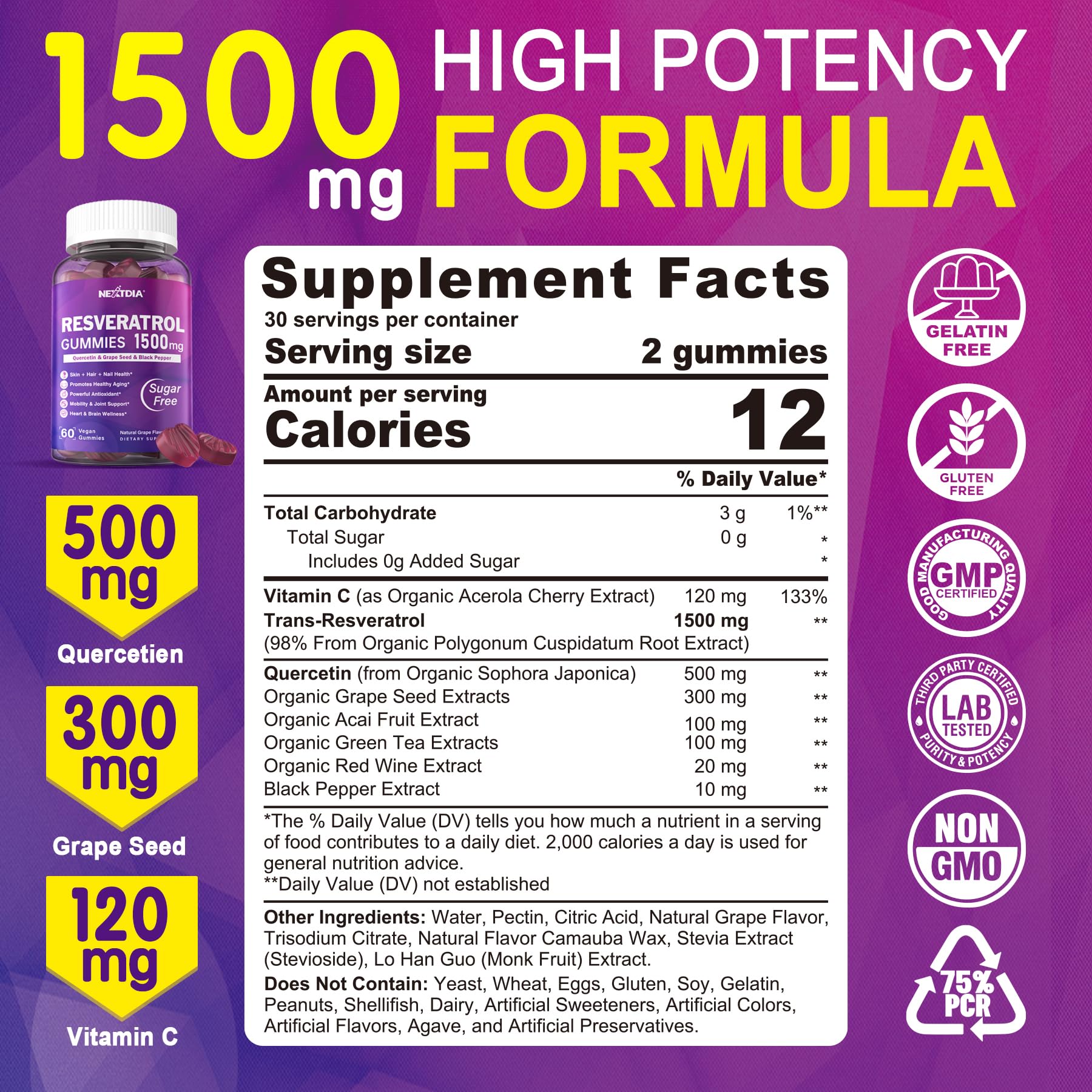 Nextdia Resveratrol Gummies 1500mg close-up highlighting tasty, easy daily chewables.
