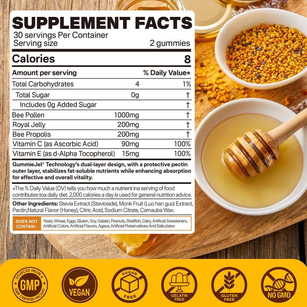 Nextdia Royal Jelly Propolis gummies closeup highlights nourishing blend for wellness.