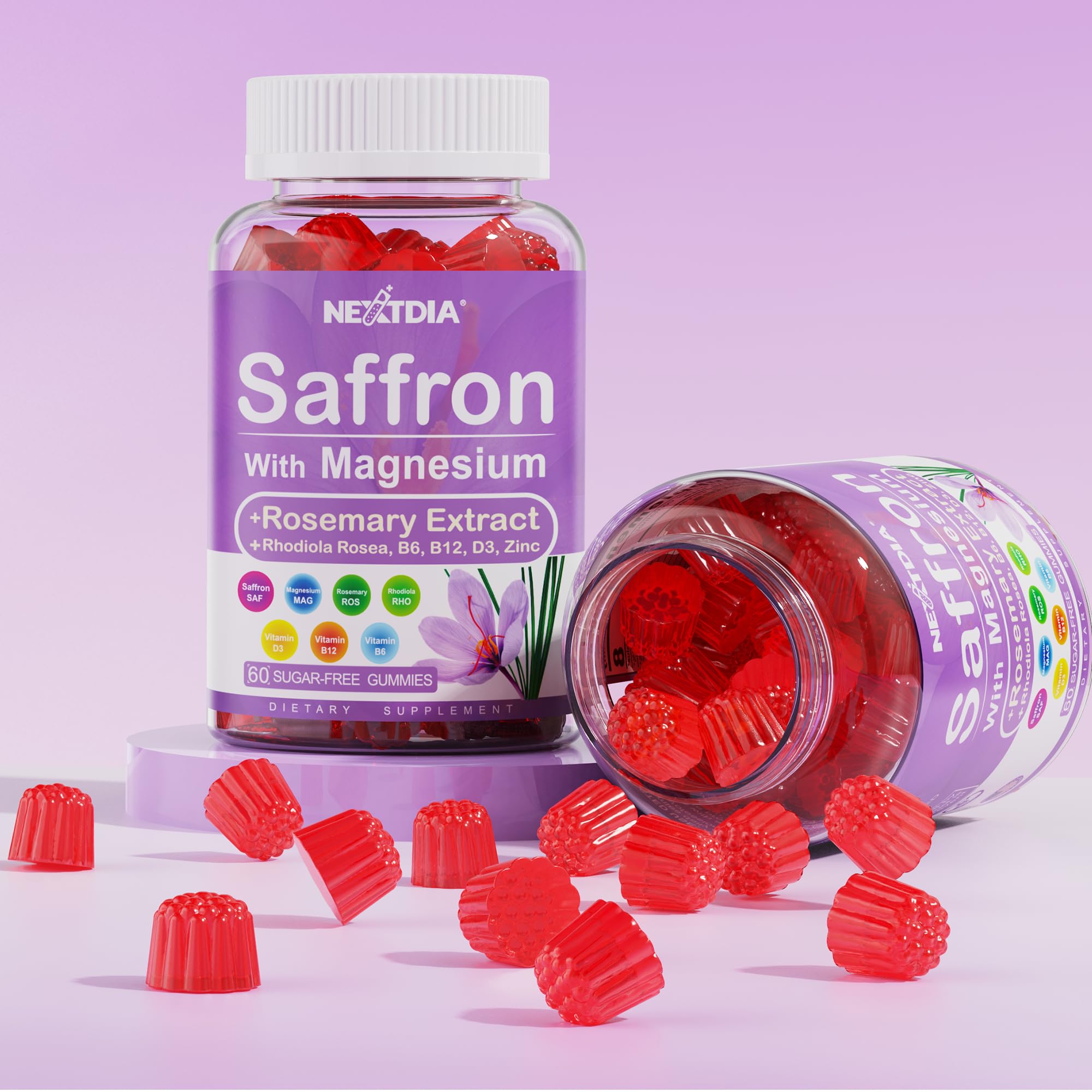 Nextdia saffron gummies calm-focus-rest concept emphasizes mood balance and restorative sleep.