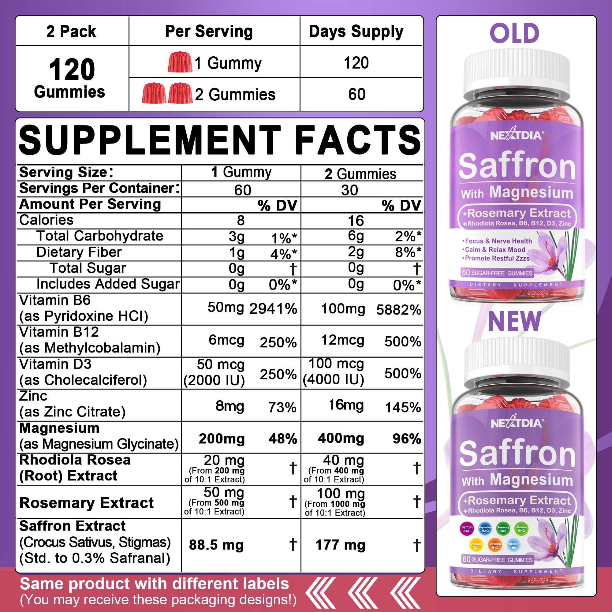 Nextdia saffron gummies label closeup highlighting premium ingredients for mood support.