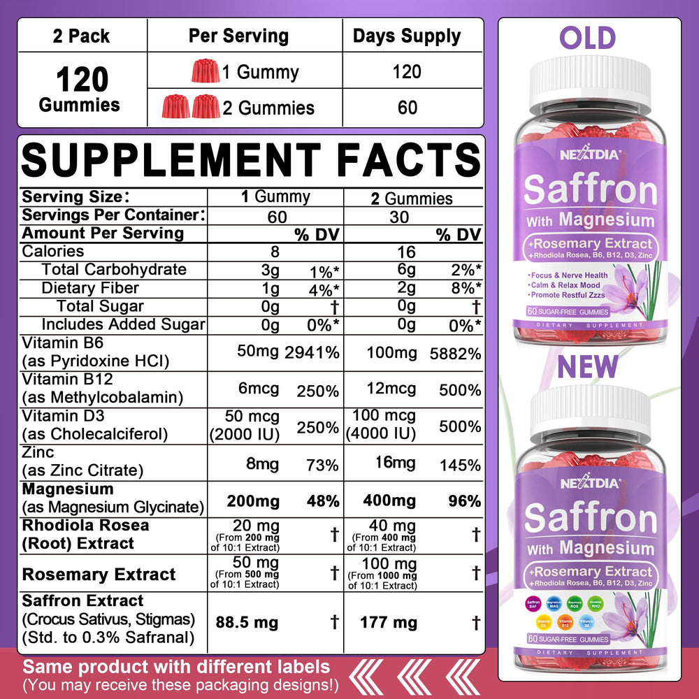 Nextdia saffron gummies label closeup highlighting premium ingredients for mood support.