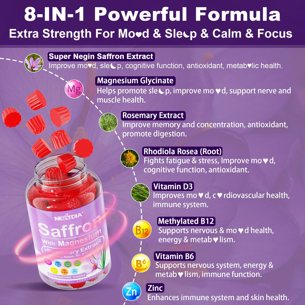 Nextdia saffron ingredients show rosemary and rhodiola for natural calm and focus.