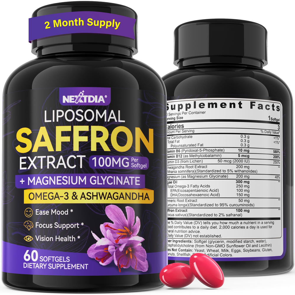 Nextdia saffron softgel bottle highlights daily mood support.