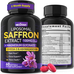 Nextdia saffron softgel bottle highlights daily mood support.