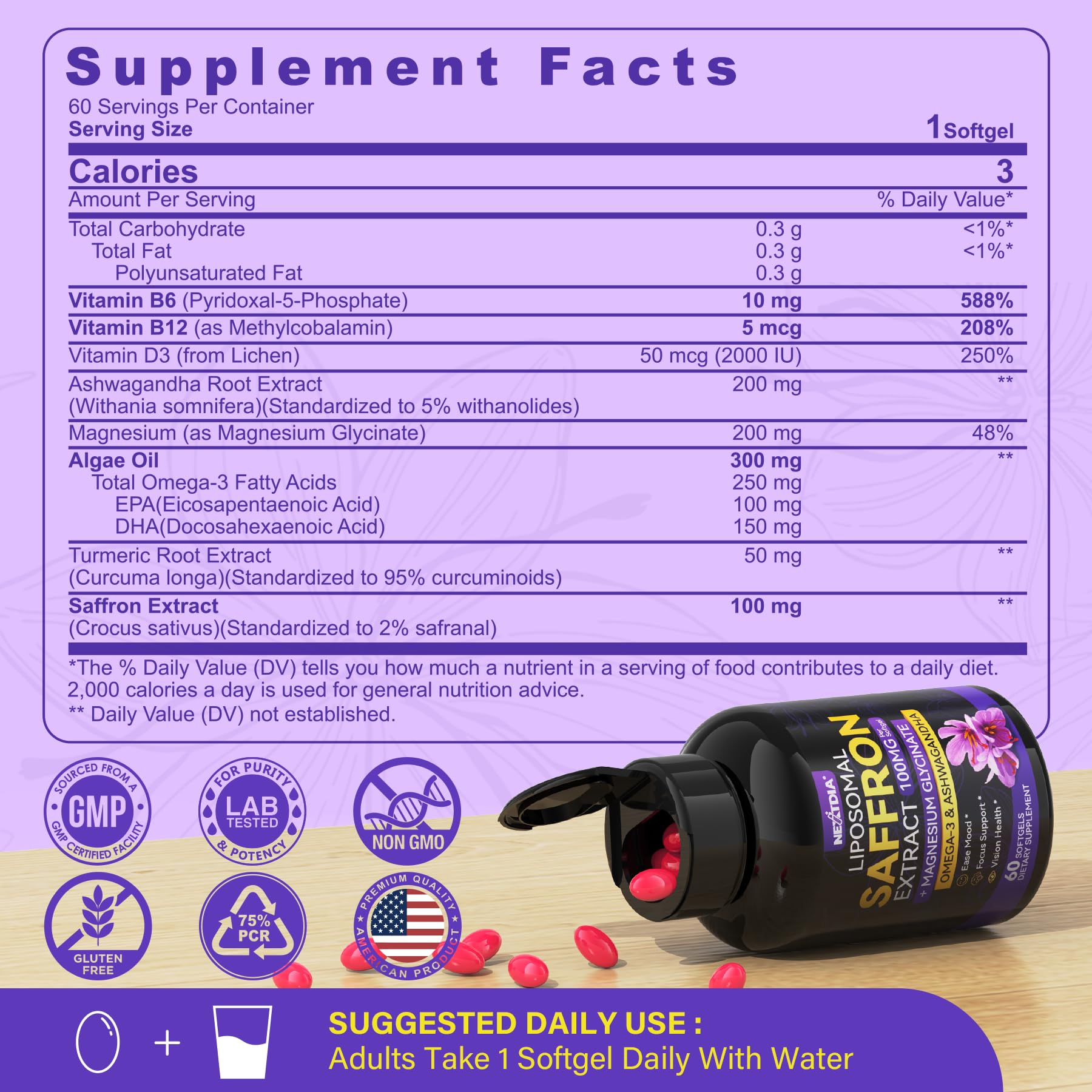 Nextdia saffron softgels close-up showing capsule texture for calm mood