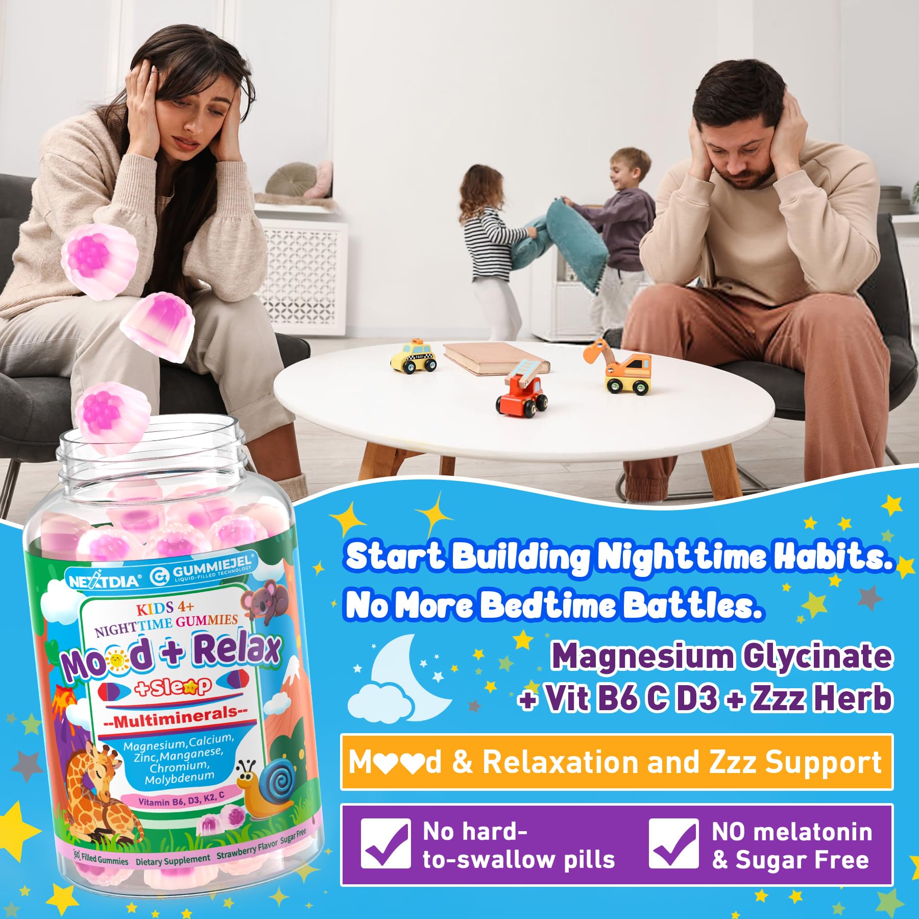 Nextdia Sleep Gummies on nightstand supporting a gentle bedtime routine.