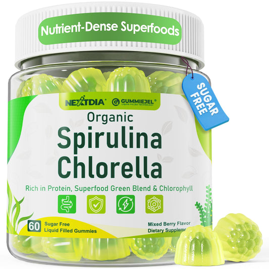 Nextdia Spirulina Chlorella Gummies bottle for daily energy and greens.