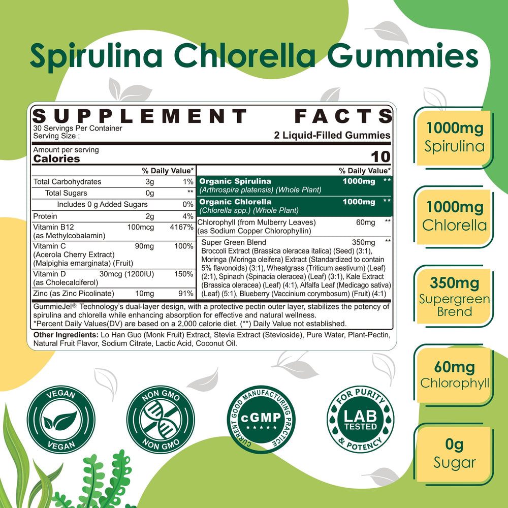 Nextdia Spirulina-Chlorella Gummies packaging highlights vegan, non-GMO formula.