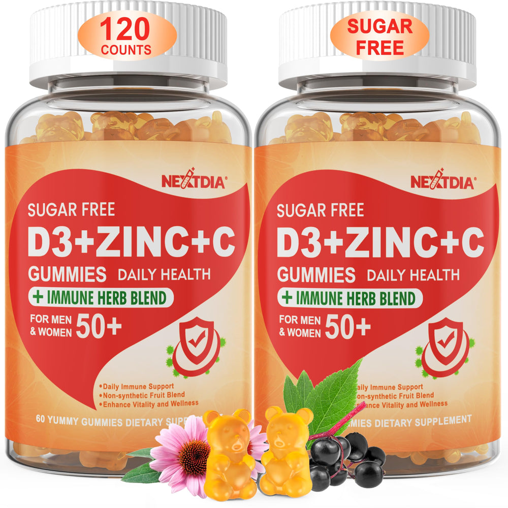 Nextdia sugar-free vitamin C D3 zinc gummies bottle for daily immune support.