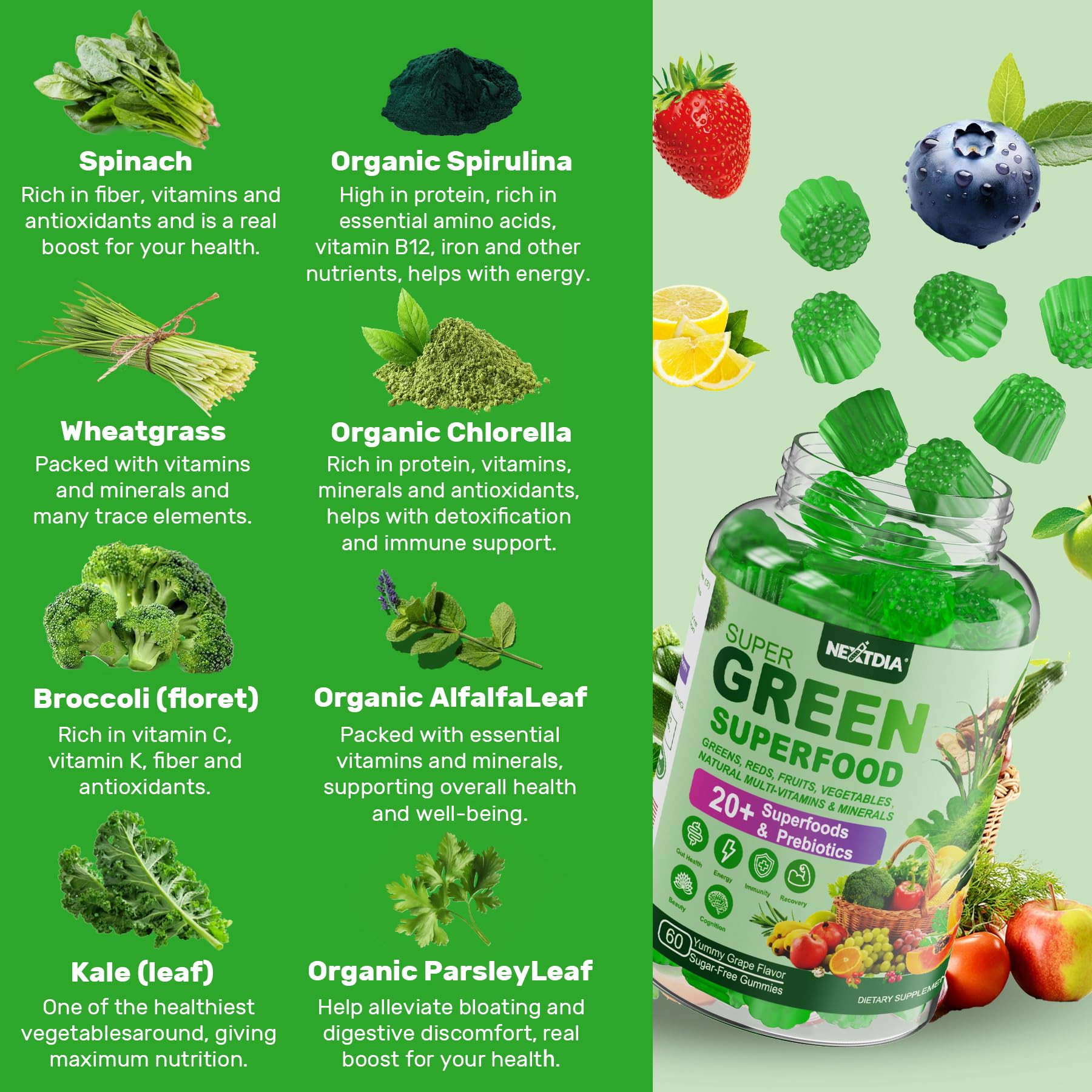 Nextdia Super Greens gummies grape flavor, tasty daily nutrition