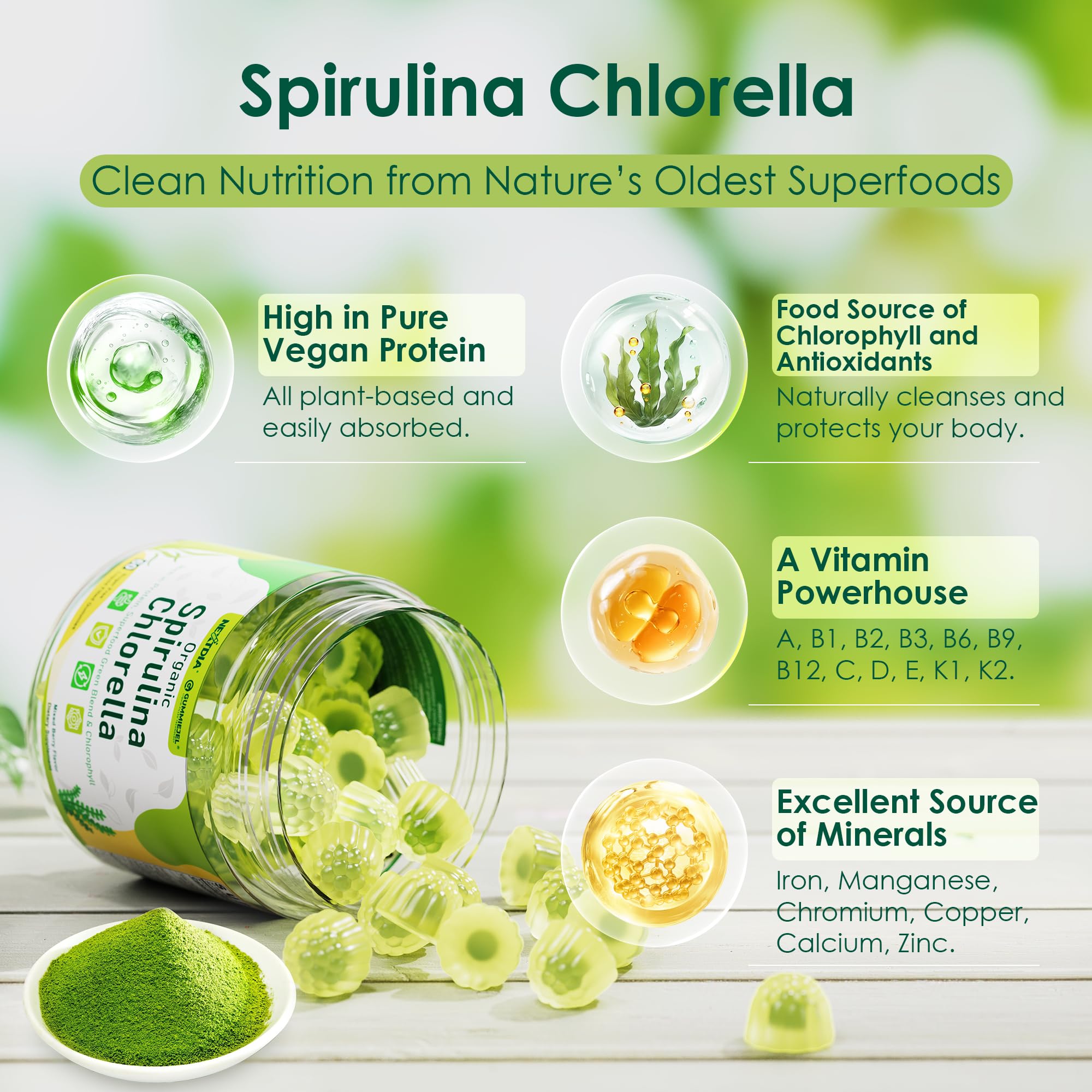 Nextdia Supergreens blend ingredients image highlights broccoli, kale, spinach mix.