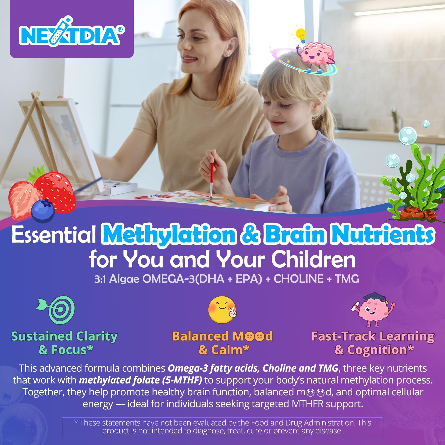 Nextdia vegan algae DHA/EPA bottle emphasizes 3:1 DHA to EPA ratio.