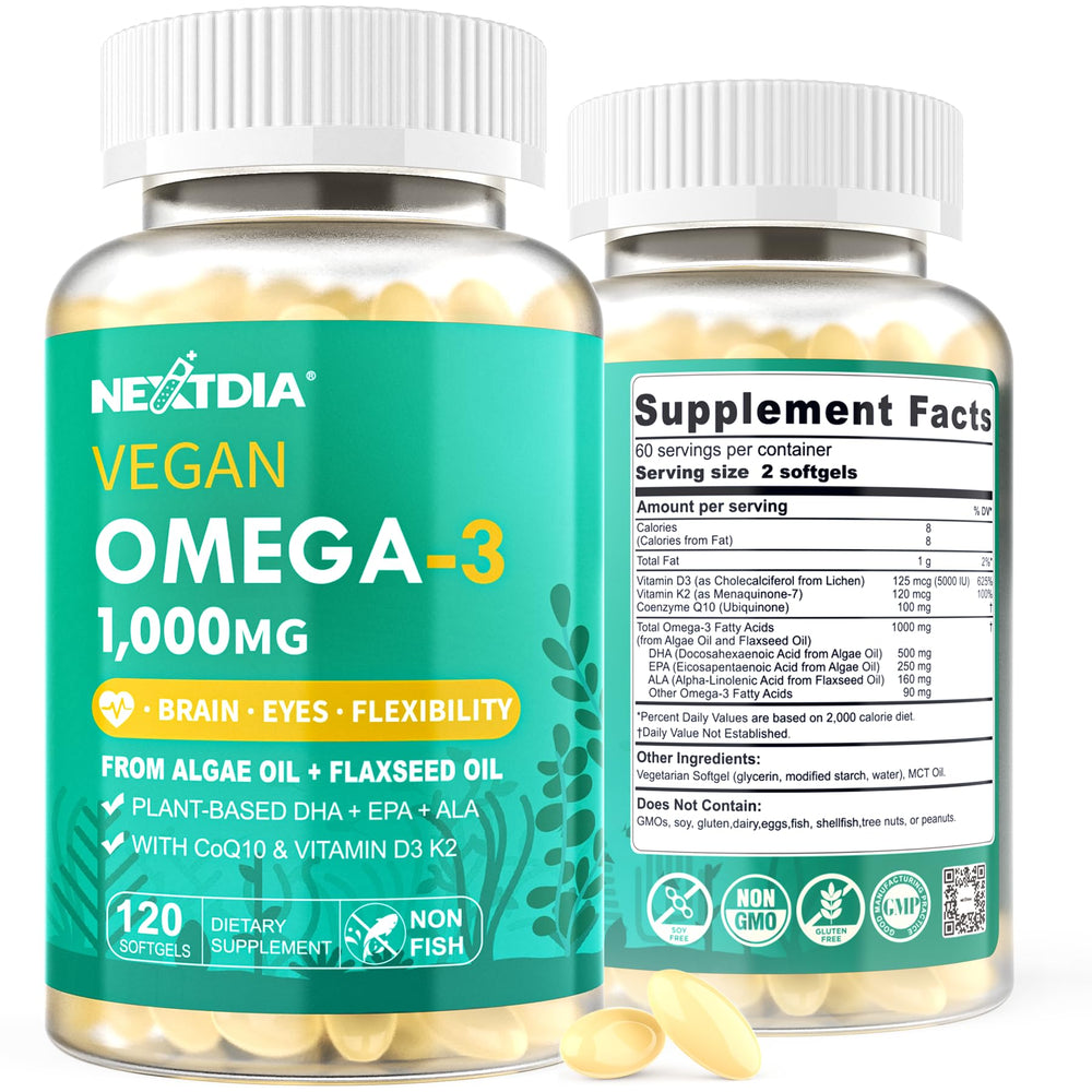 Nextdia vegan omega-3 bottle showing plant-based DHA EPA ALA benefits
