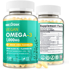 Nextdia vegan omega-3 bottle showing plant-based DHA EPA ALA benefits