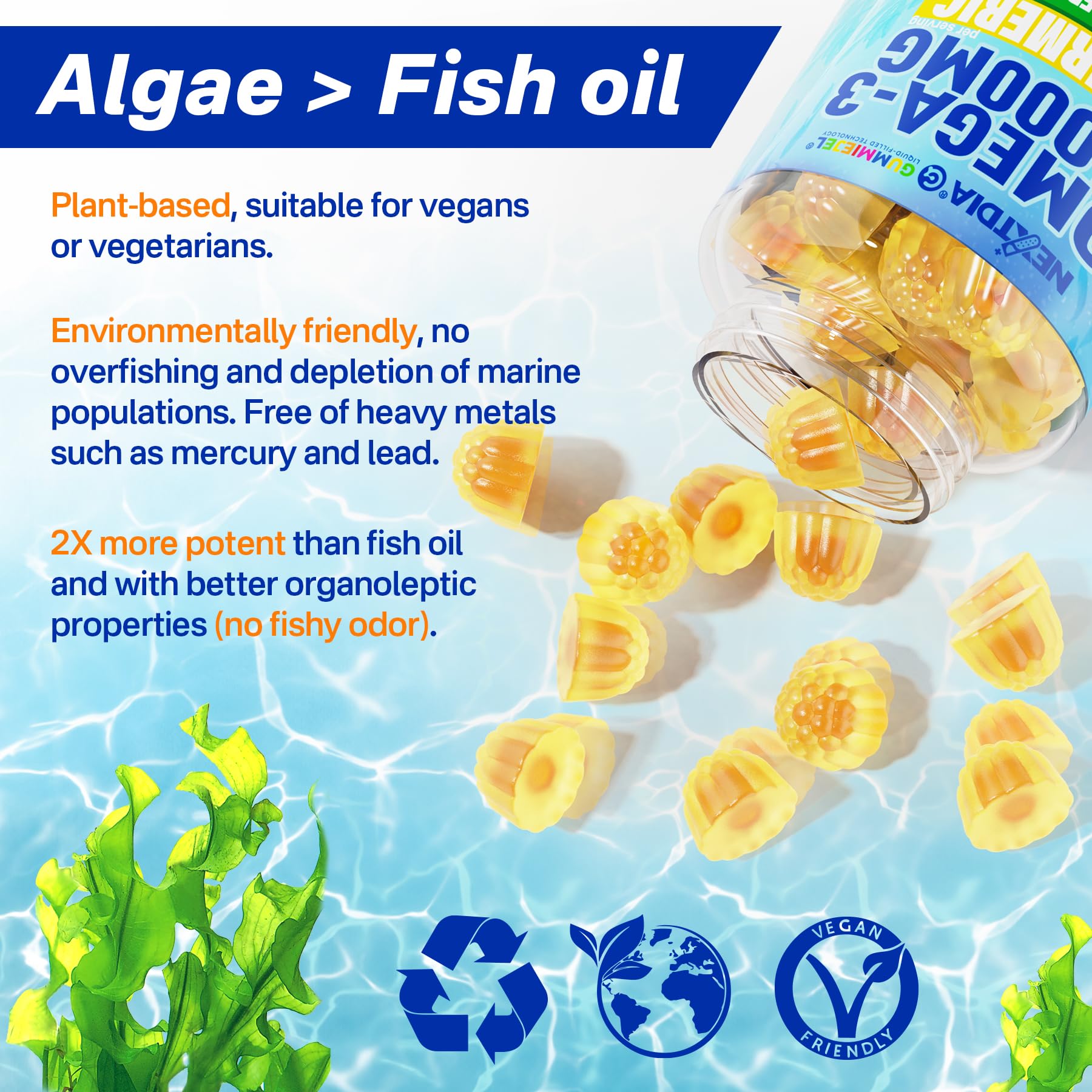 Nextdia Vegan Omega-3 Gummies sugar-free icon highlights guilt-free daily use