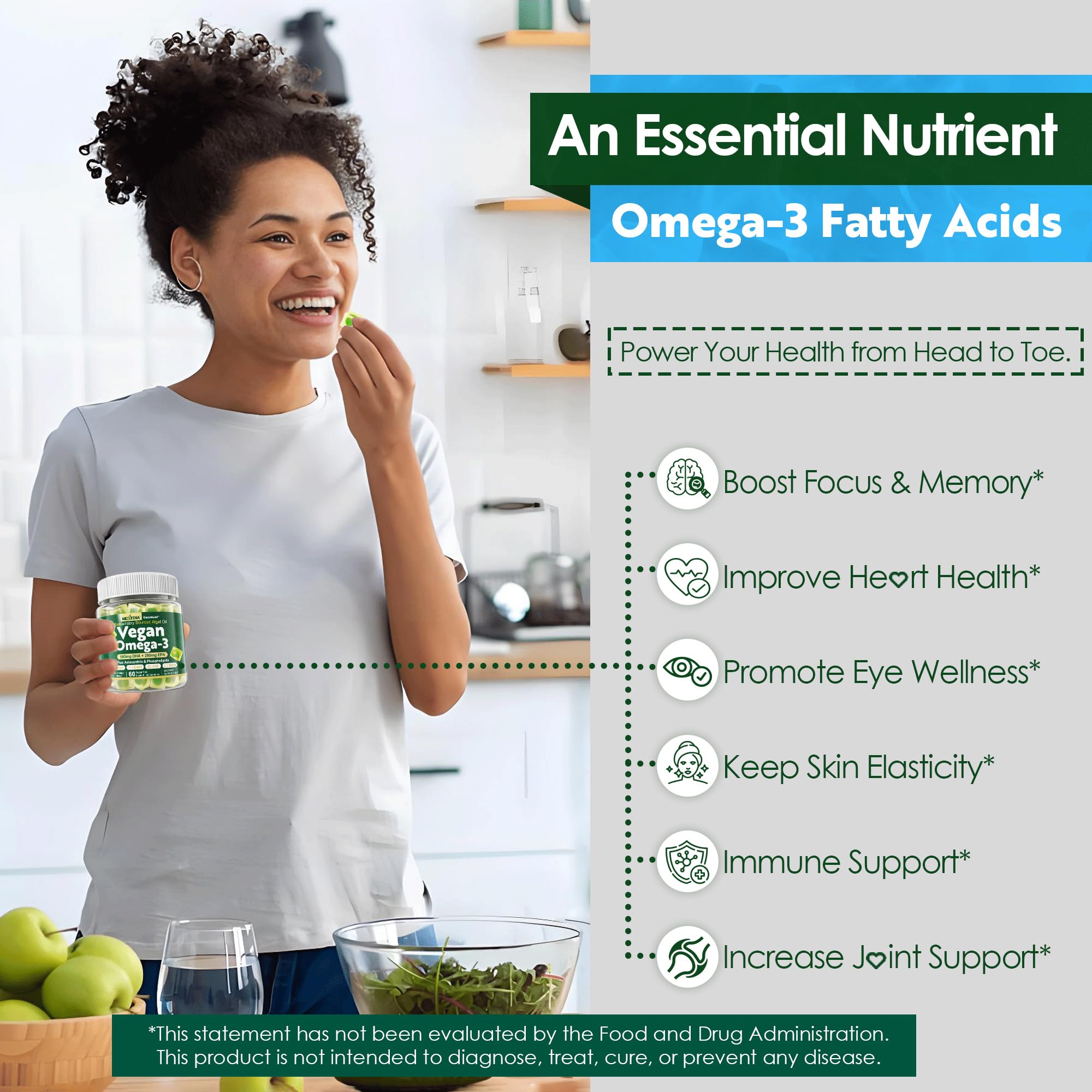 Nextdia omega-3 vegan formula with astaxanthin for skin vitality.