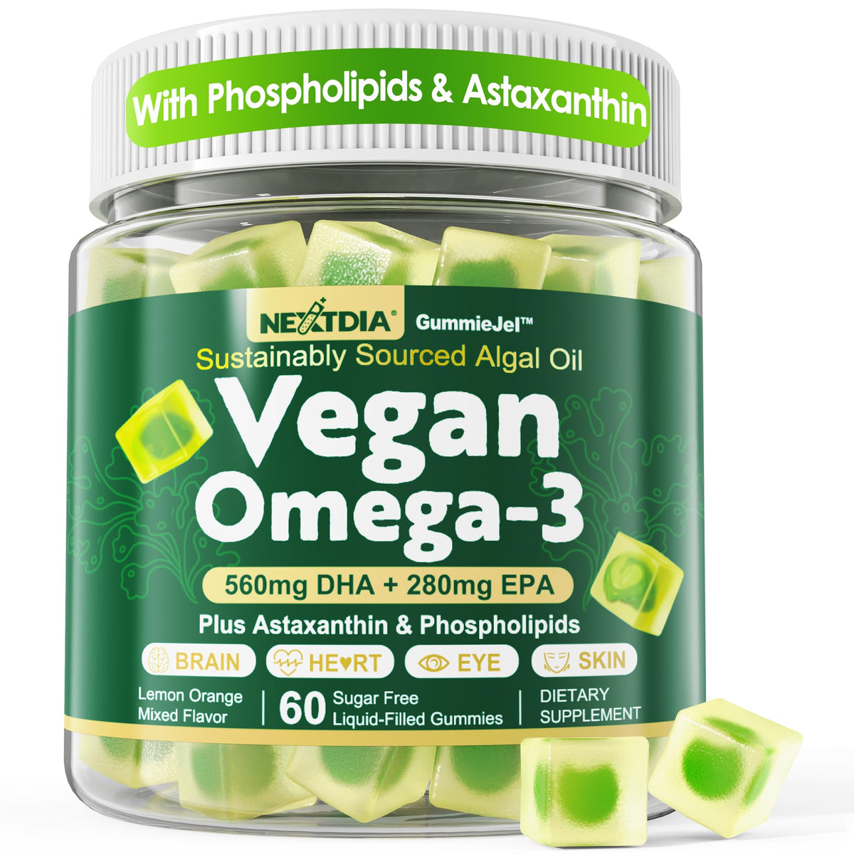 Nextdia vegan omega-3 gummies packaging highlights sugar-free, fish-free omega-3 formula.
