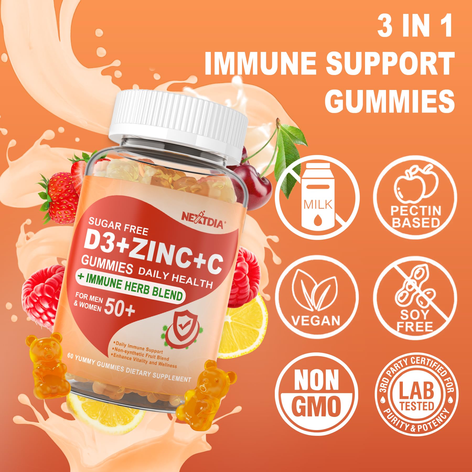 Nextdia vegan sugar-free immunity gummies jar with colorful fruit flavors.