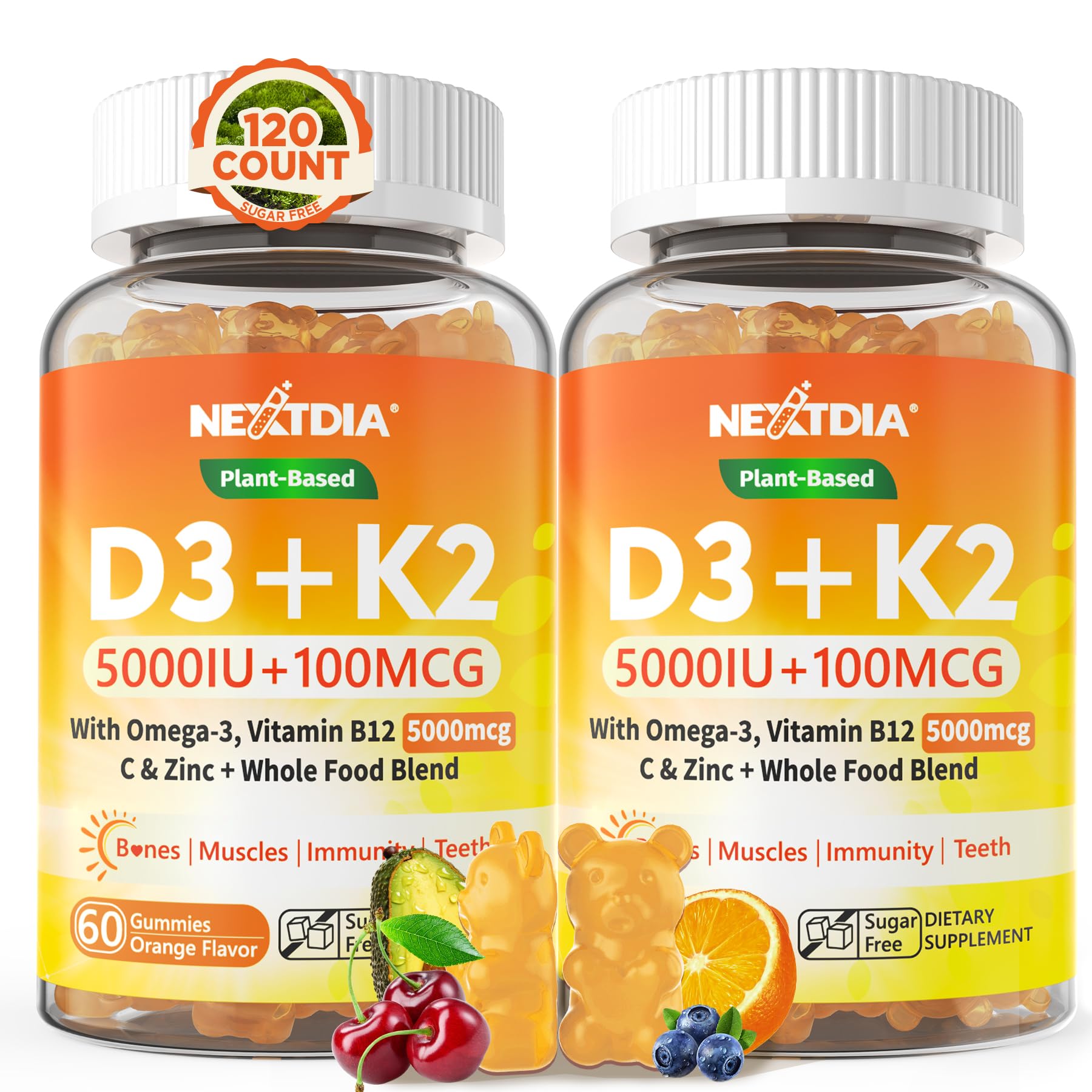 Nextdia Vitamin D3 K2 Gummies bottle front highlights plant-based D3K2 and omega-3 benefits