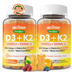 Nextdia Vitamin D3 K2 Gummies bottle front highlights plant-based D3K2 and omega-3 benefits