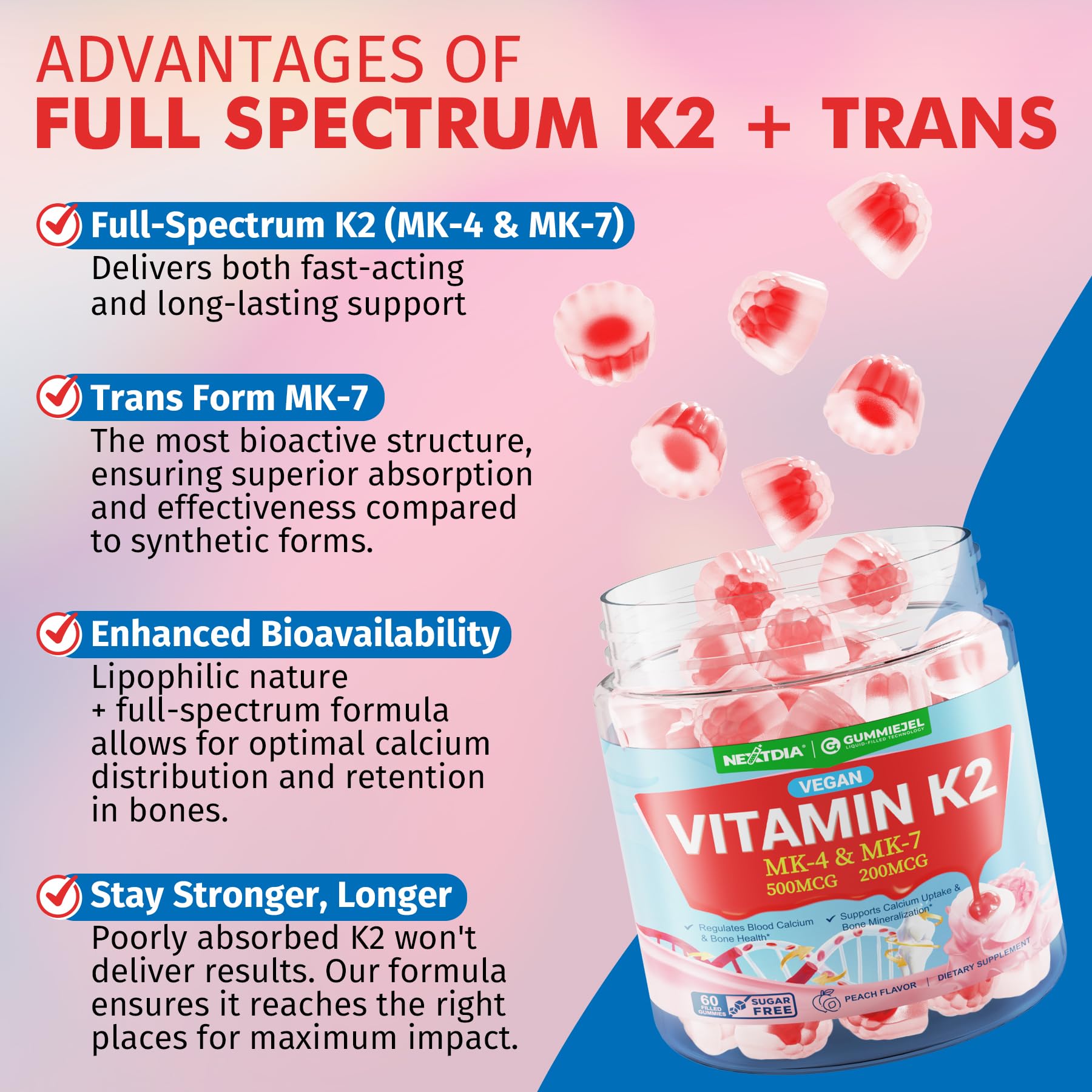 Nextdia Vitamin K2 Gummies MK7 MK4 blend visual showcasing full-spectrum formula