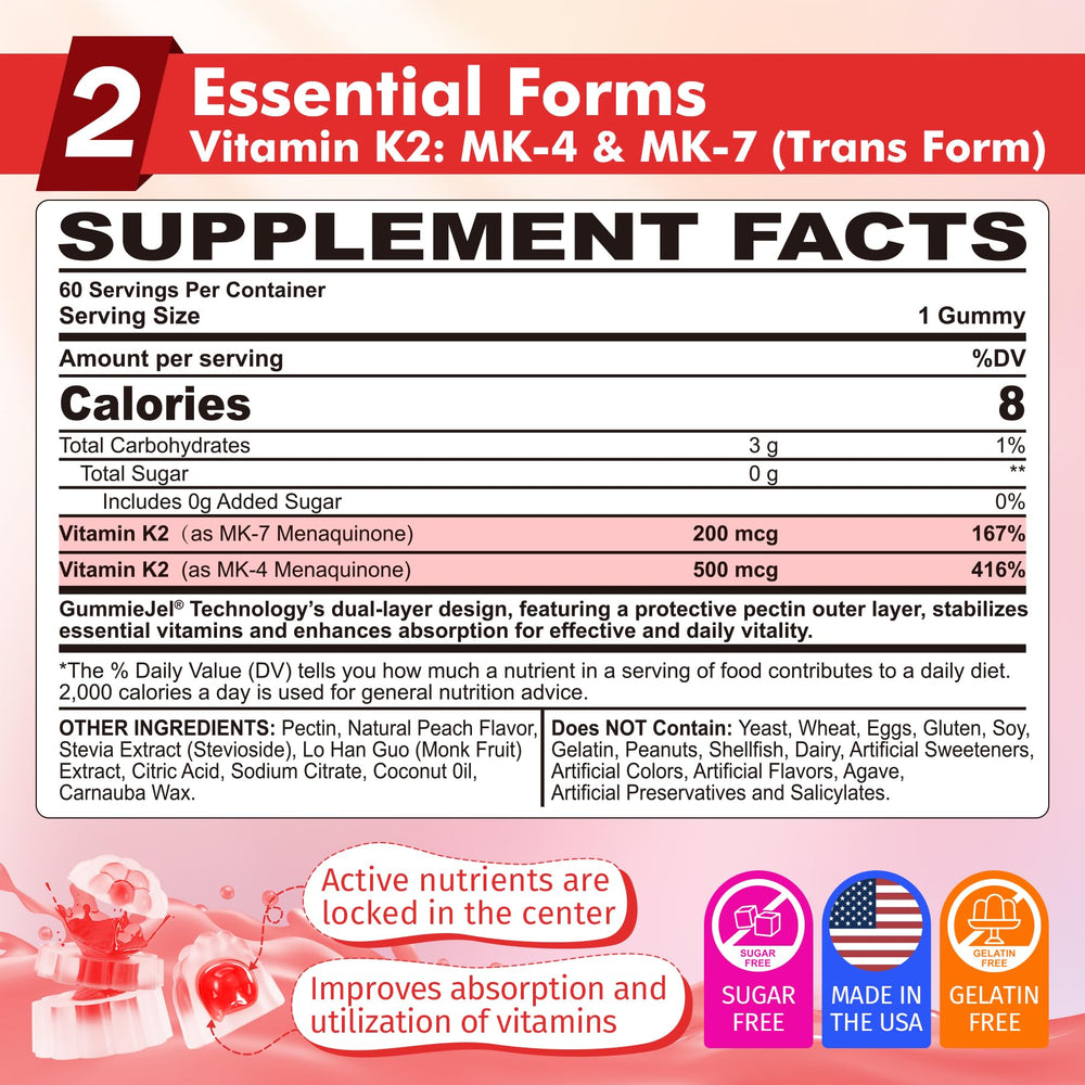 Nextdia Vitamin K2 Gummies back of pack highlighting sugar-free formula and 2-pack convenience