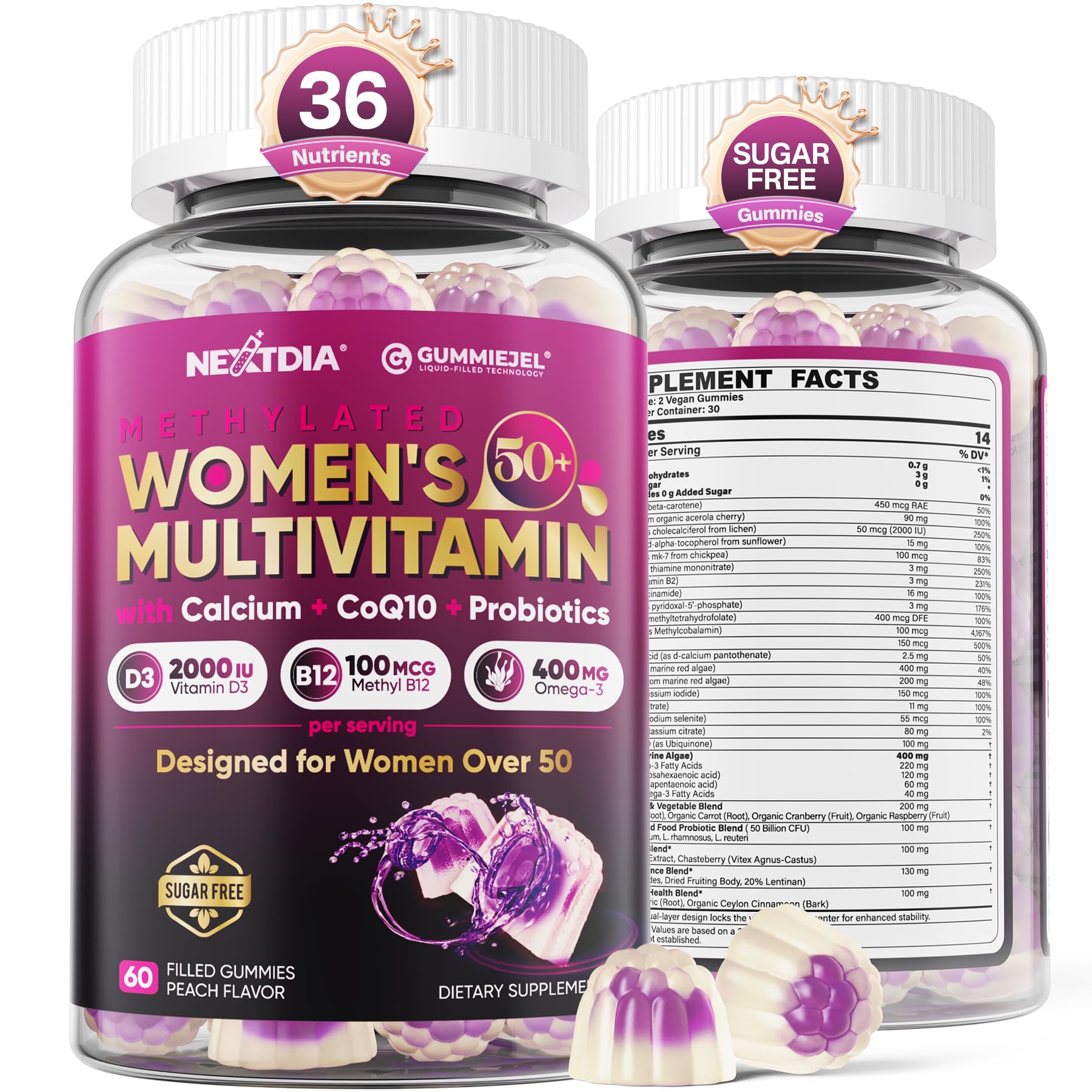 Nextdia women's 50+ multivitamin gummies bottle for daily bone and energy support