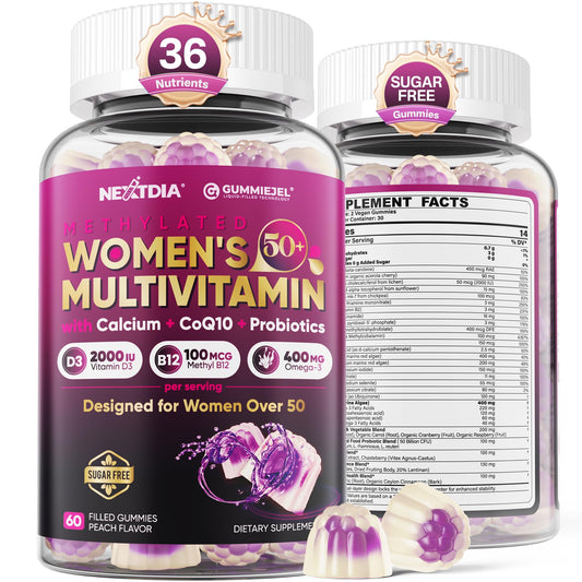Nextdia women's 50+ multivitamin gummies bottle for daily bone and energy support