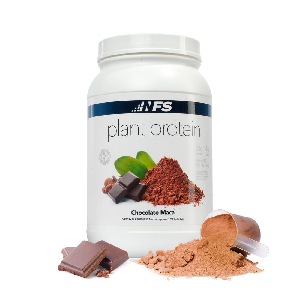 NF Sports Chocolate Maca protein powder front view, a convenient plant-based protein source for daily workouts.