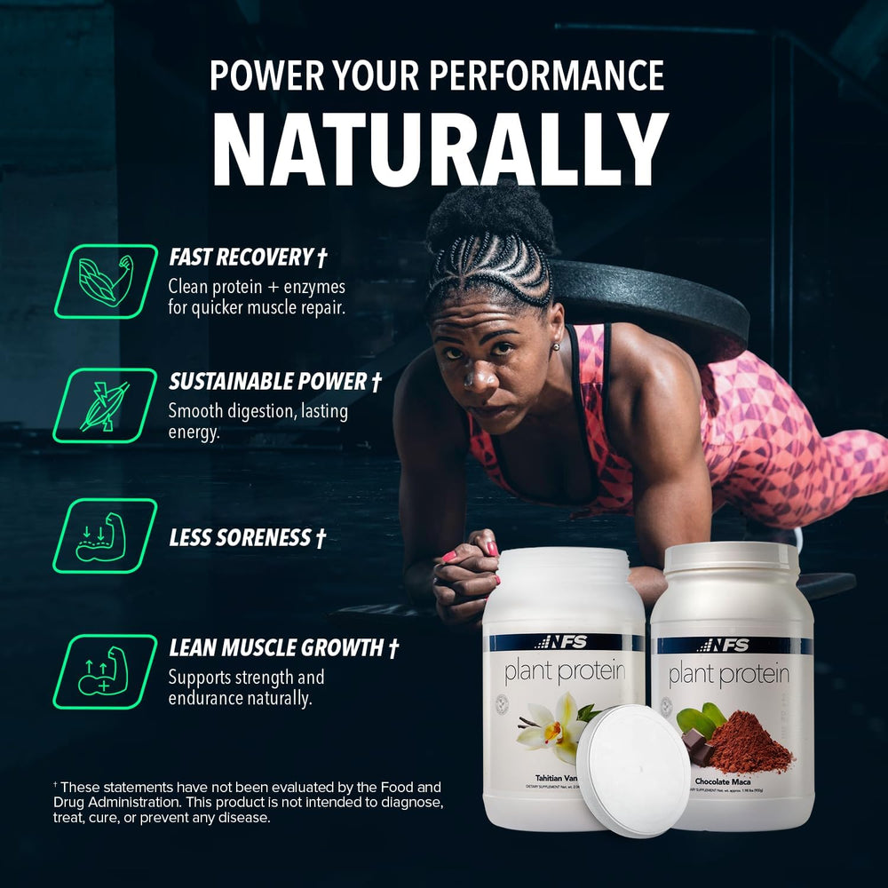 NF Sports Chocolate Maca protein scoop with glass, ideal for quick vegan shakes.