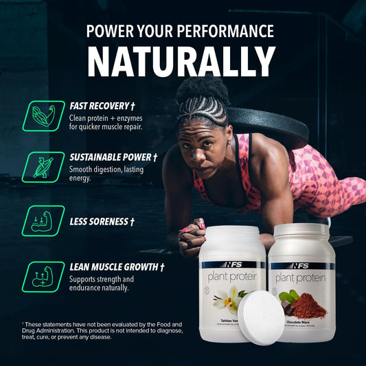 NF Sports Chocolate Maca protein scoop with glass, ideal for quick vegan shakes.