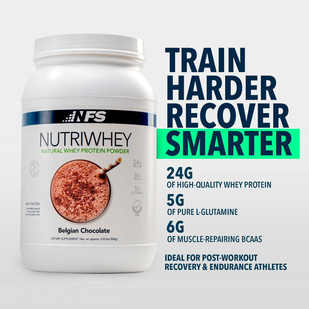 Nutri Whey powder tub close-up emphasizes protein-rich nutrition.