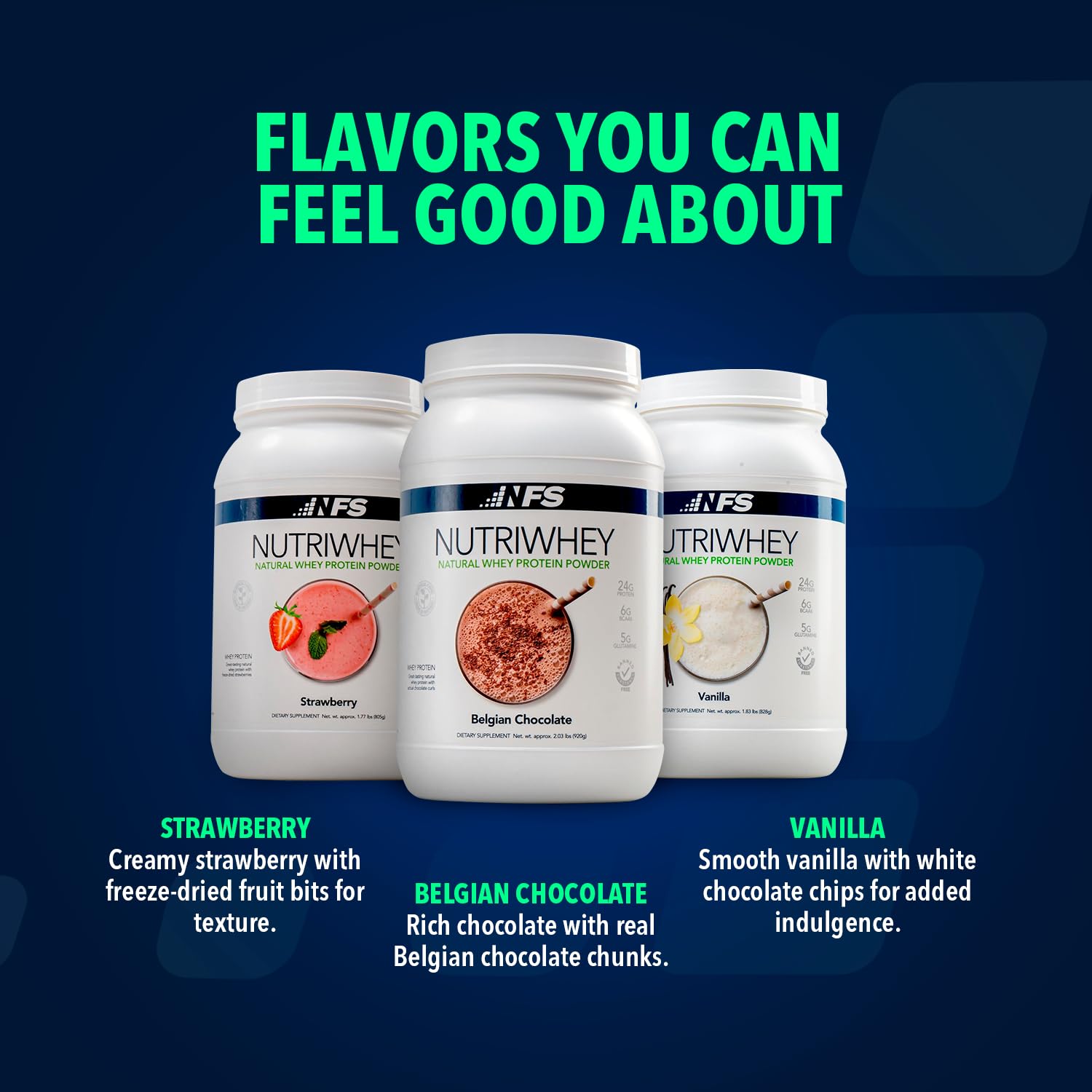 NF Sports Nutri Whey vanilla powder in jar with spoon emphasizing easy digestion