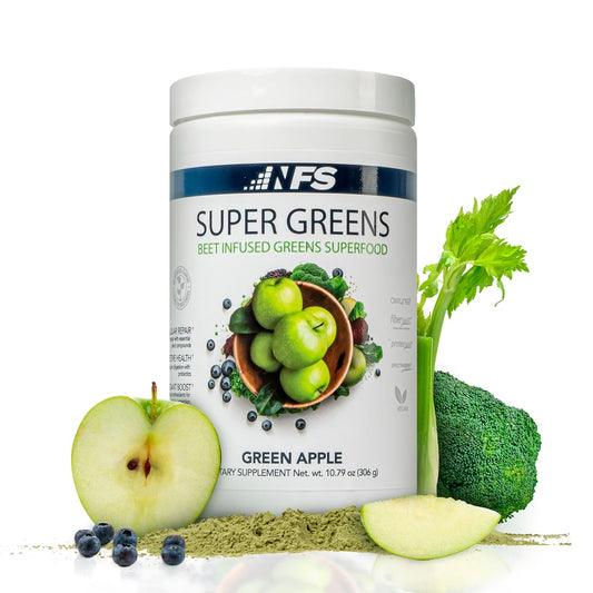 NF Sports Super Greens beet-infused powder tub showcases organic ingredients for daily energy